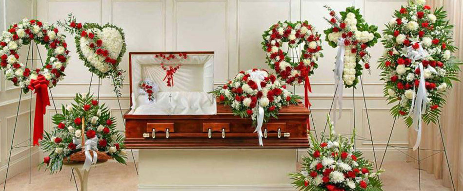 Red and White Sympathy Funeral Flower Arrangements