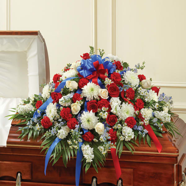 Blue and White Casket Spray h2470 | Funeral Flowers Delivery