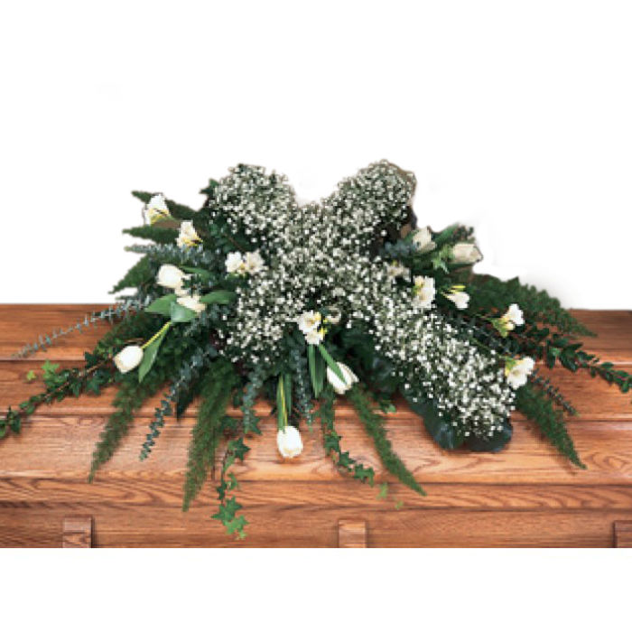 White Casket Spray with Cross h3095 Funeral Flowers Delivery in